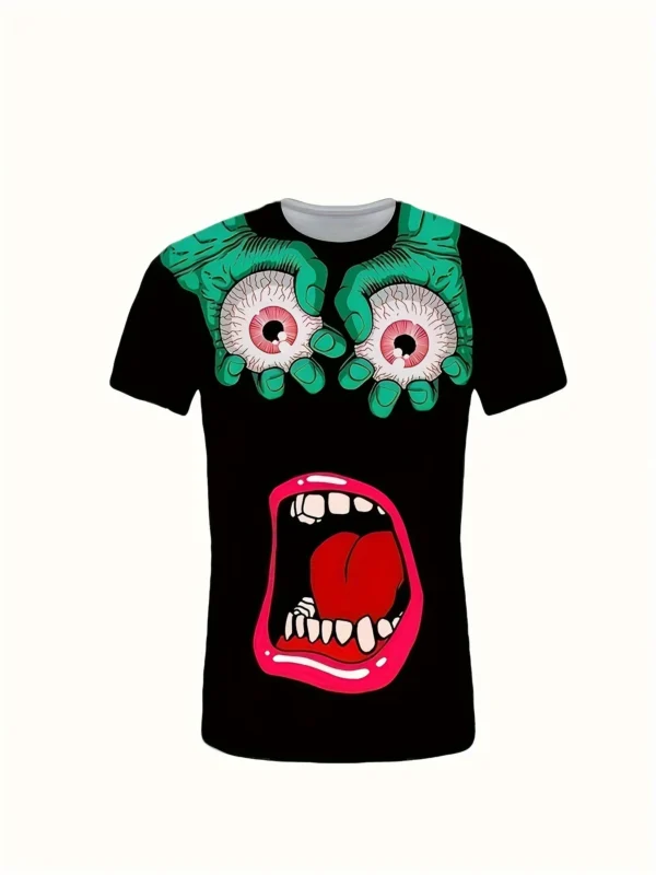 3D Digital Comic Style Eyeballs, Hands And Mouth Pattern Print Crew Neck And Short Sleeve T-shirt For Summer Outdoors Wear