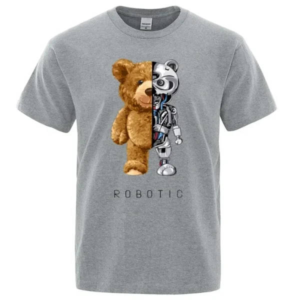 Funny Teddy Bear Robot Graphic print Tshirt Men Short Sleeve Fashion Casual Clothes Summer Cotton Tees Oversized Street T-Shirts