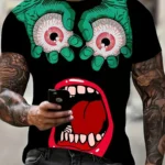 3D Digital Comic Style Eyeballs, Hands And Mouth Pattern Print Crew Neck And Short Sleeve T-shirt For Summer Outdoors Wear