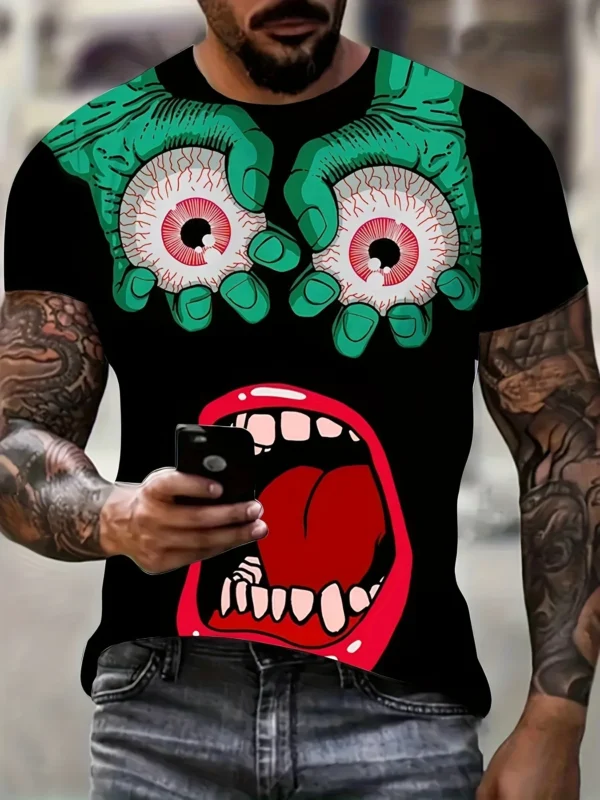 3D Digital Comic Style Eyeballs, Hands And Mouth Pattern Print Crew Neck And Short Sleeve T-shirt For Summer Outdoors Wear