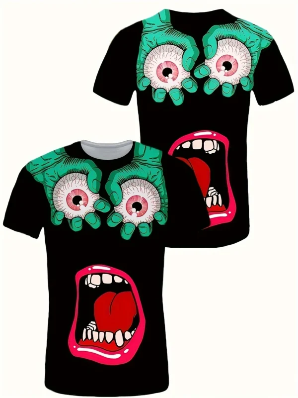 3D Digital Comic Style Eyeballs, Hands And Mouth Pattern Print Crew Neck And Short Sleeve T-shirt For Summer Outdoors Wear