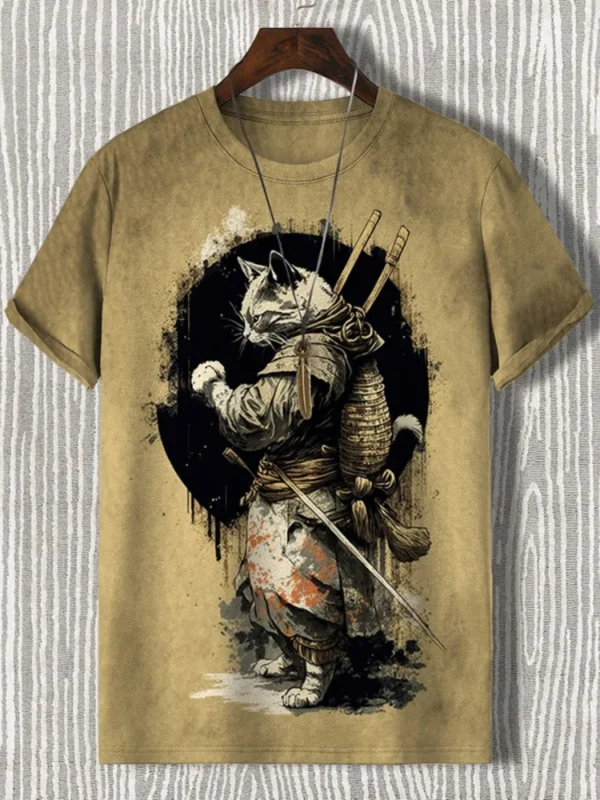 Men's T-Shirt Japanese Style Samurai Cat Graphic 3D Printed T-Shirt Casual Short Sleeved Tee Outdoor Oversized Men Clothing Tops