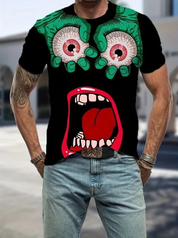 3D Digital Comic Style Eyeballs, Hands And Mouth Pattern Print Crew Neck And Short Sleeve T-shirt For Summer Outdoors Wear