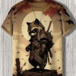 Men’s T-Shirt Japanese Style Samurai Cat Graphic 3D Printed T-Shirt Casual Short Sleeved Tee Outdoor Oversized Men Clothing Tops