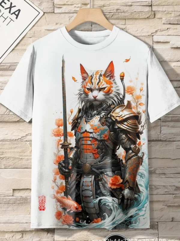 Men's T-Shirt Japanese Style Samurai Cat Graphic 3D Printed T-Shirt Casual Short Sleeved Tee Outdoor Oversized Men Clothing Tops