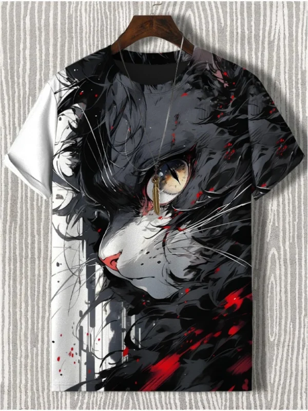 Men's T-Shirt Japanese Style Samurai Cat Graphic 3D Printed T-Shirt Casual Short Sleeved Tee Outdoor Oversized Men Clothing Tops