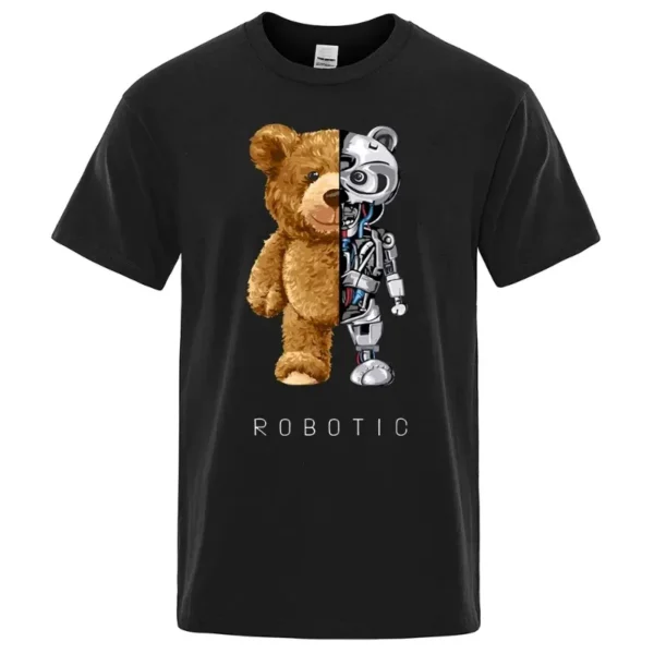 Funny Teddy Bear Robot Graphic print Tshirt Men Short Sleeve Fashion Casual Clothes Summer Cotton Tees Oversized Street T-Shirts