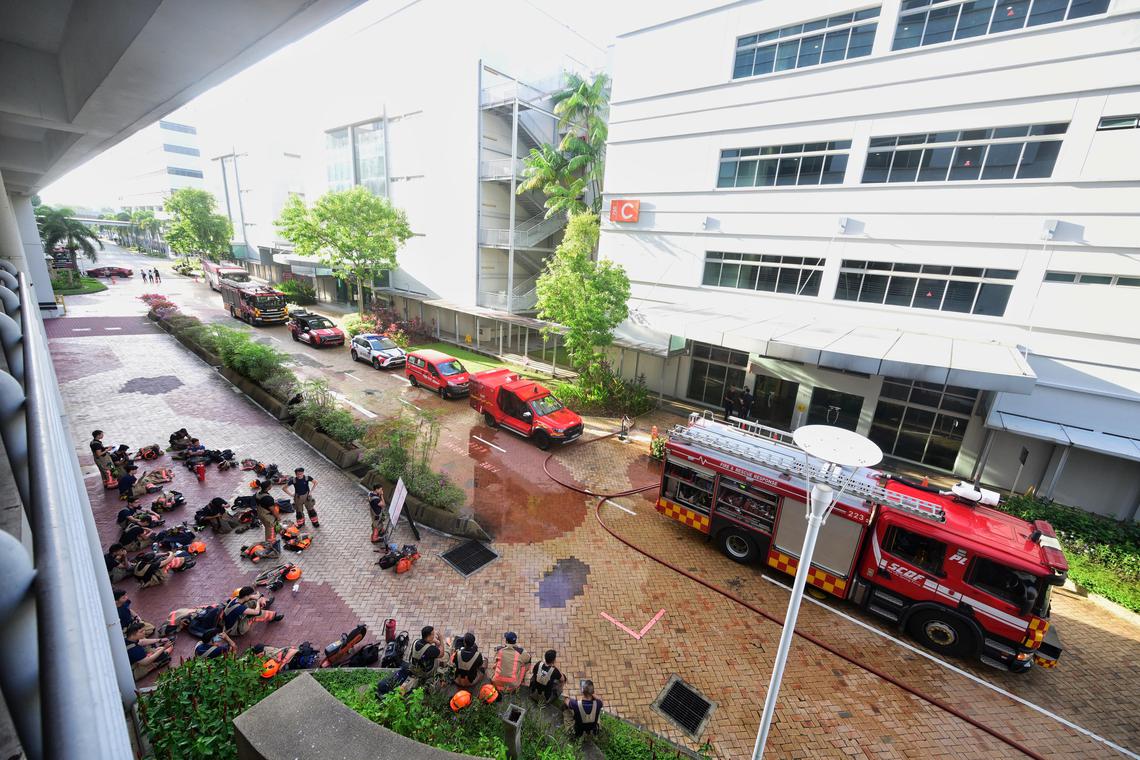 A large number of civil defense personnel dispatched to put out the fire. (Straits Times)