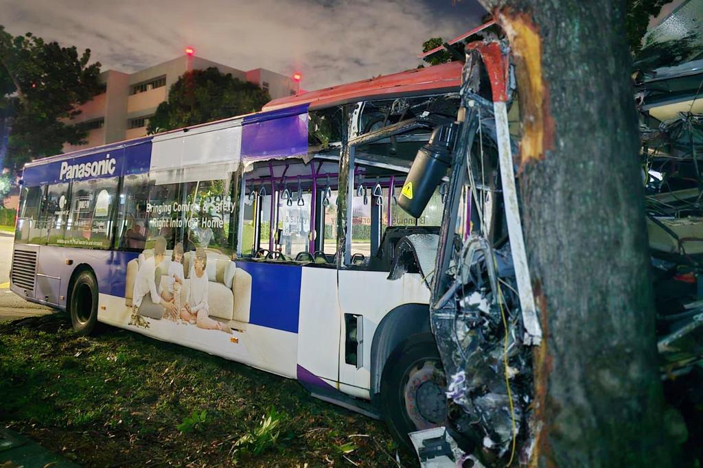 New MRT bus crashes into street lights and big tree cart kills five passengers injured